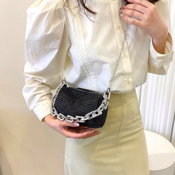 #R New Woman's Chain Rhinestone Mini Barrel Crossbody Purse Black Y2K Style - Picture 6 of 12